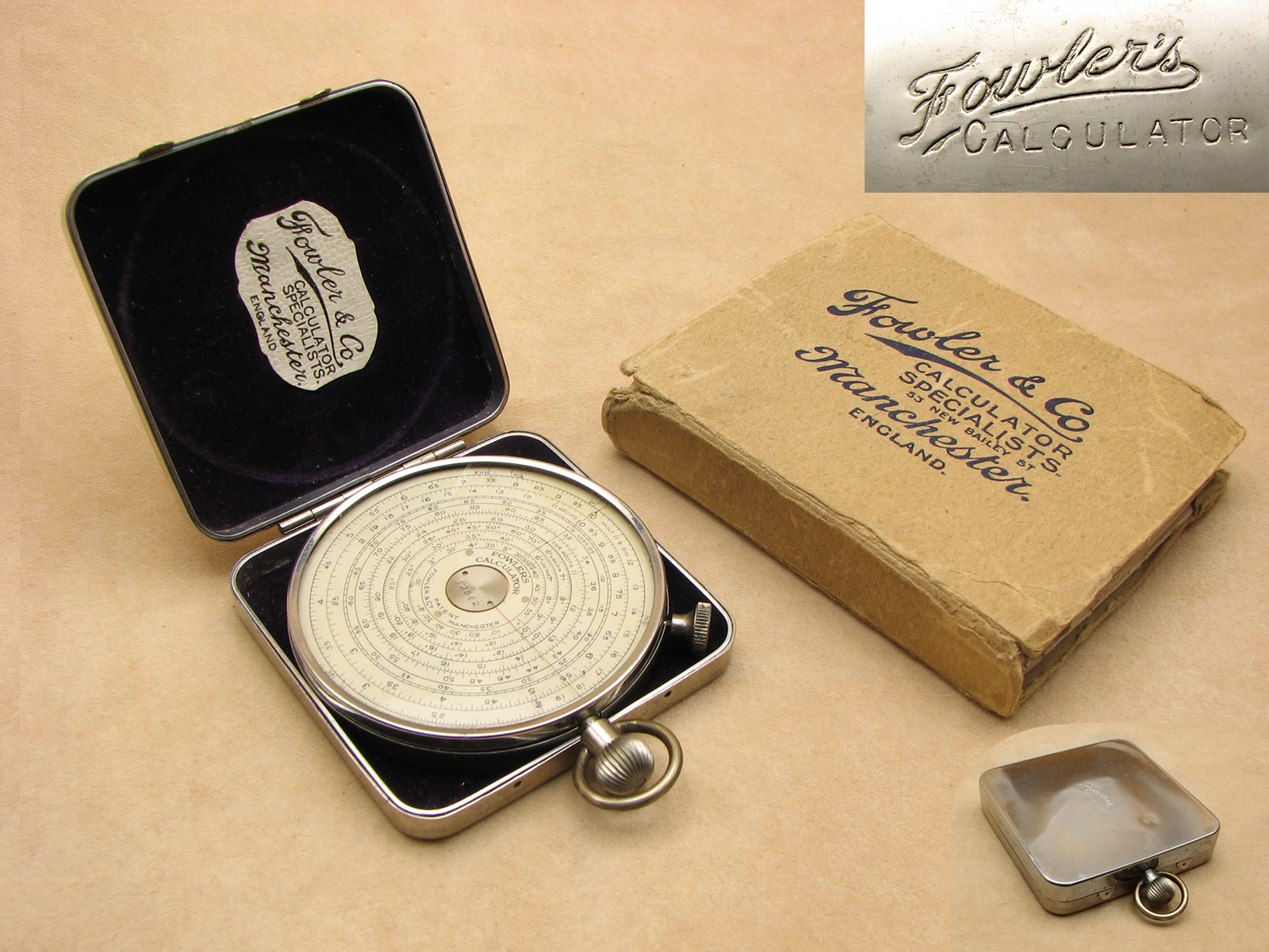 1930's Fowler's double sided Long scale pocket calculator in nickel case